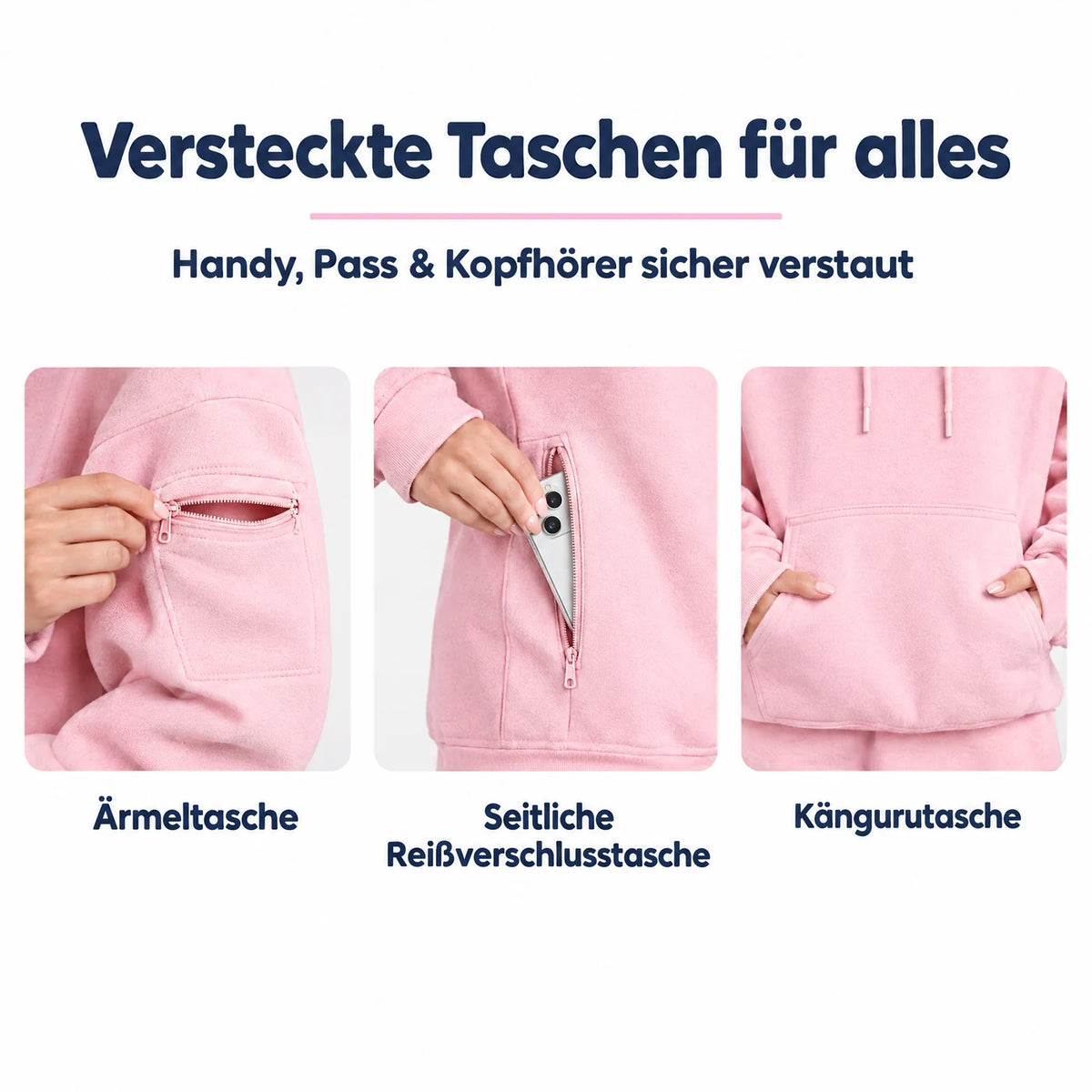 Versteckte Taschen für Handy, Pass und Kopfhörer